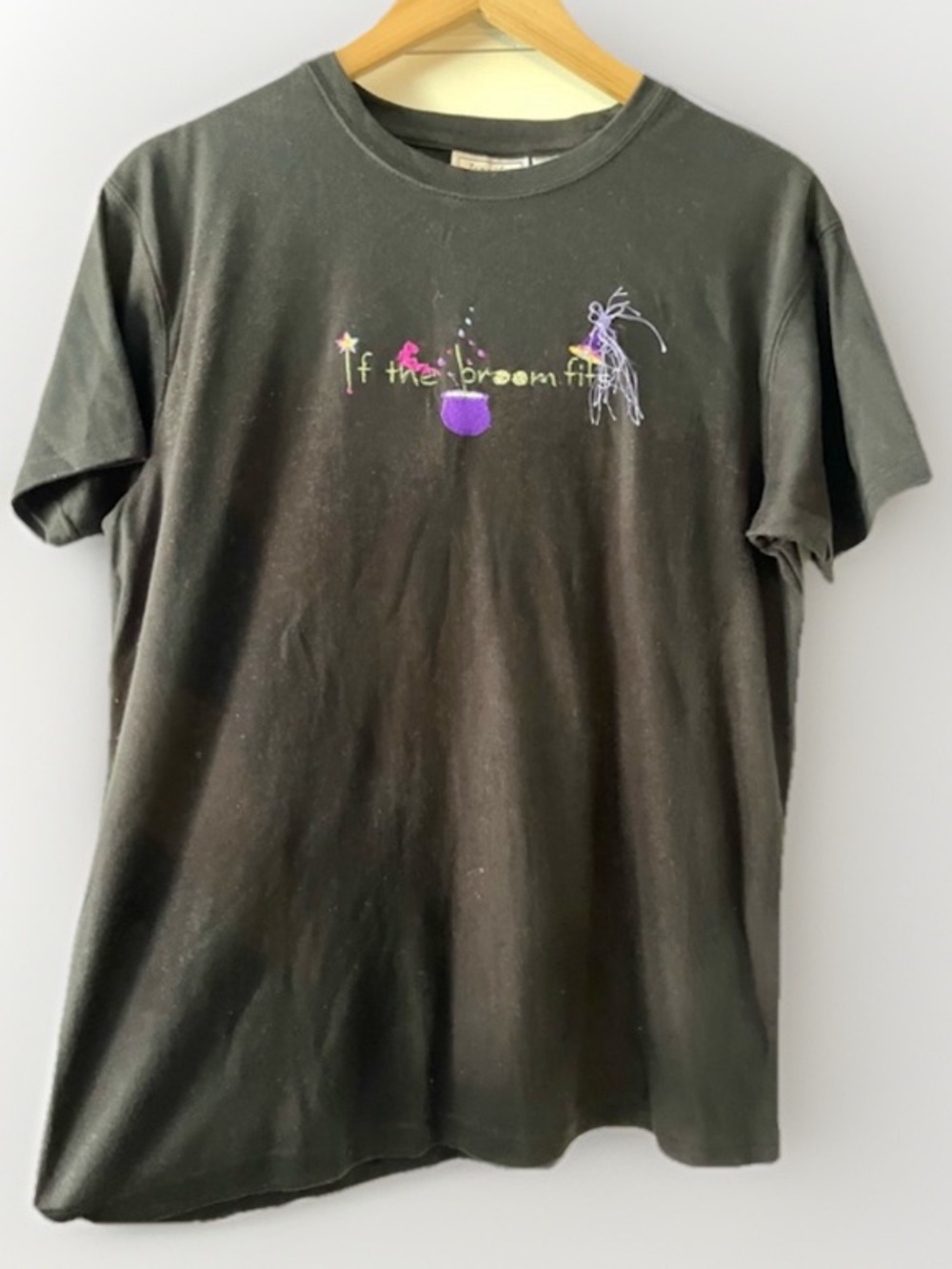 Jennifer Lauren Halloween Embroidered Tee If the Broom Fits Black Size Large